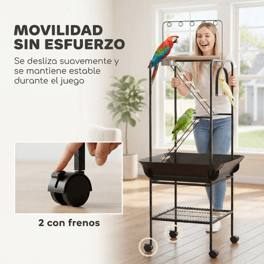 PawHut Parque de Jogos para Pássaros, Suporte para Pássaros com Rodas, Escadas, Baloiço, Protetor de Sementes, Bandeja, Comedouros, Poleiros, Gancho, Prateleira, para Periquitos e Cacatuas, 63x63x163 cm