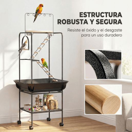 PawHut Parque de Jogos para Pássaros, Suporte para Pássaros com Rodas, Escadas, Baloiço, Protetor de Sementes, Bandeja, Comedouros, Poleiros, Gancho, Prateleira, para Periquitos e Cacatuas, 63x63x163 cm