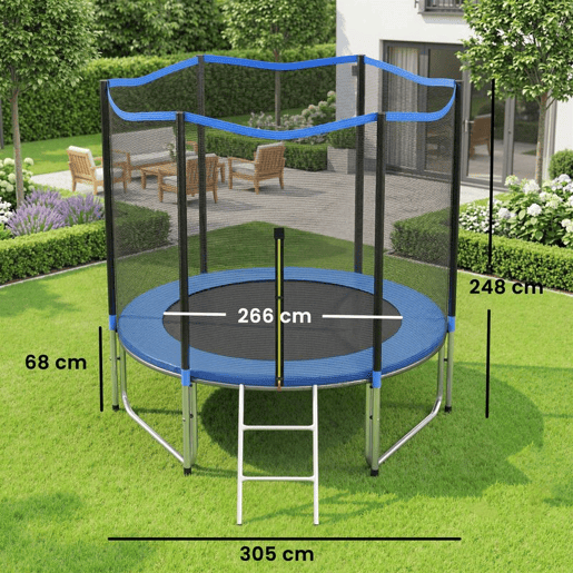 SPORTNOW Trampolim para Crianças Exterior Ø305 cm Trampolim para Crianças +6 Anos com Rede de Segurança Escada Acolchoamento de Molas e Estrutura em Aço Galvanizado Carga 120 kg Azul