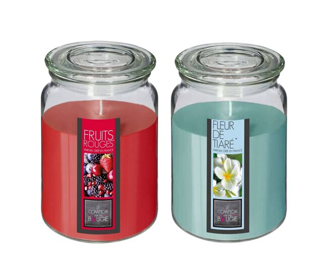 Set de 2 velas perfumadas (flor de tiare + frutos rojos) de 510g en recipiente de cristal ø10 x h.14,5cm