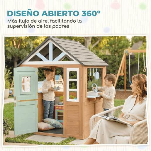 AIYAPLAY Casinha Infantil Exterior e Interior de Madeira Casinha Infantil com Porta para Animais de Estimação Cozinha de Brincadeira,Meia Porta e Janelas Casa de Jardim para Crianças a Partir de 2 Anos Madeira