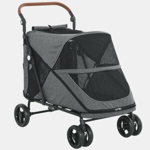 PawHut Carrinho Dobrável para Cães e Gatos Grandes até 30 kg, Suspensão nas 4 Rodas, Rotativo, Travão de Pé, Almofada Lavável, Cinzento