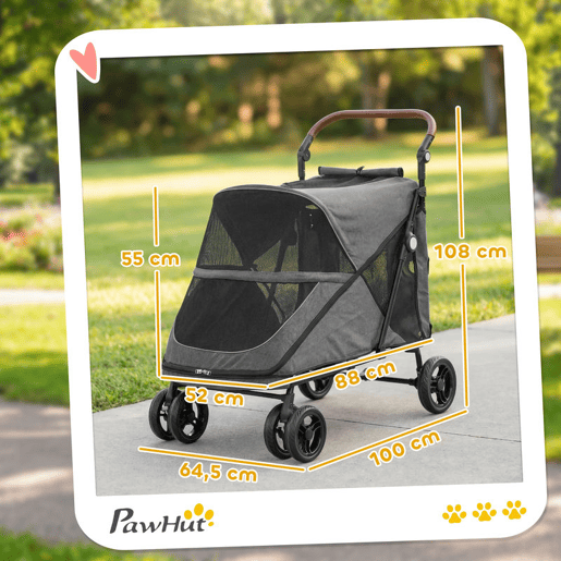 PawHut Carrinho Dobrável para Cães e Gatos Grandes até 30 kg, Suspensão nas 4 Rodas, Rotativo, Travão de Pé, Almofada Lavável, Cinzento