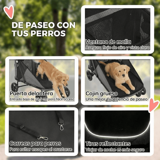 PawHut Carrinho Dobrável para Cães e Gatos Grandes até 30 kg, Suspensão nas 4 Rodas, Rotativo, Travão de Pé, Almofada Lavável, Cinzento