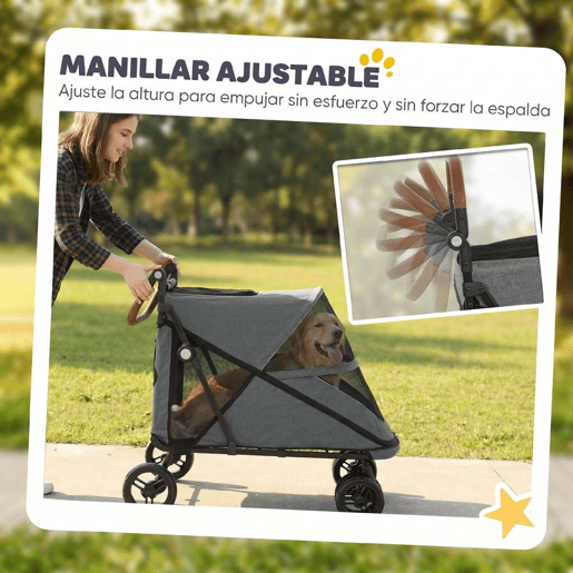 PawHut Carrinho Dobrável para Cães e Gatos Grandes até 30 kg, Suspensão nas 4 Rodas, Rotativo, Travão de Pé, Almofada Lavável, Cinzento