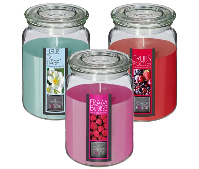 Set de 3 velas perfumadas (flor de tiare + frutos rojos + frambuesa) de 510g en recipiente de cristal ø10 x h.14,5cm