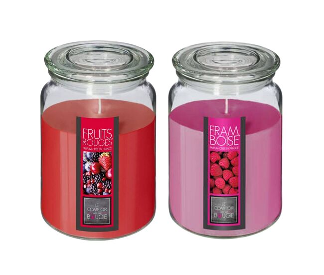 Set de 2 velas perfumadas (frambuesa + frutos rojos) de 510g en recipiente de cristal ø10 x h.14,5cm