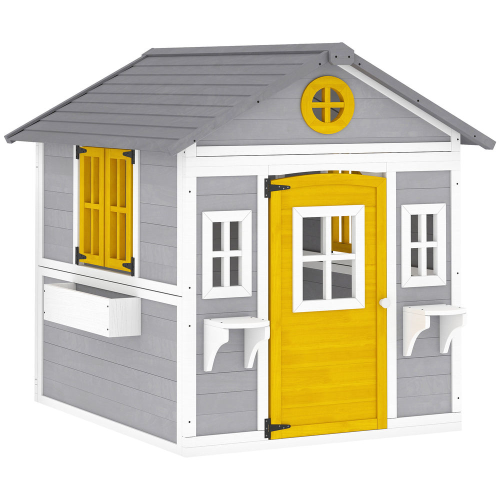 Outsunny casita infantil exterior e interior de madera, casita infantil con puerta, ventanas, jardineras y soportes de flores, casa de jardín para niños de 3-8 años, gris