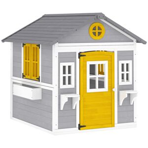 Outsunny Casa de Madeira Infantil Exterior e Interior Casa de Brincar de Madeira com Porta Janelas Floreiras e Prateleiras Casa de Jardim para Crianças de 3 a 8 Anos 112x126x135 cm Cinzento