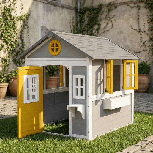 Outsunny Casa de Madeira Infantil Exterior e Interior Casa de Brincar de Madeira com Porta Janelas Floreiras e Prateleiras Casa de Jardim para Crianças de 3 a 8 Anos 112x126x135 cm Cinzento