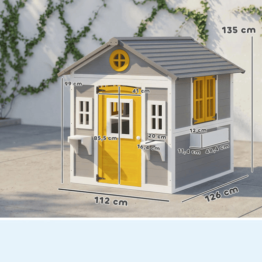 Outsunny Casa de Madeira Infantil Exterior e Interior Casa de Brincar de Madeira com Porta Janelas Floreiras e Prateleiras Casa de Jardim para Crianças de 3 a 8 Anos 112x126x135 cm Cinzento