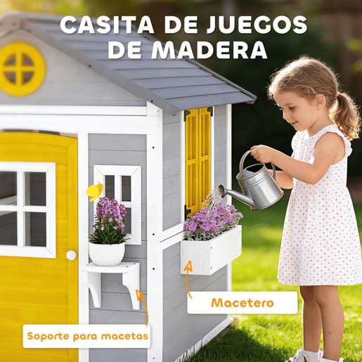 Outsunny Casa de Madeira Infantil Exterior e Interior Casa de Brincar de Madeira com Porta Janelas Floreiras e Prateleiras Casa de Jardim para Crianças de 3 a 8 Anos 112x126x135 cm Cinzento