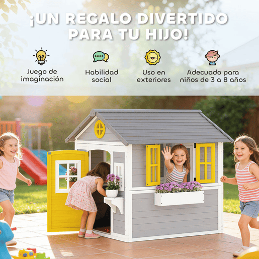 Outsunny Casa de Madeira Infantil Exterior e Interior Casa de Brincar de Madeira com Porta Janelas Floreiras e Prateleiras Casa de Jardim para Crianças de 3 a 8 Anos 112x126x135 cm Cinzento
