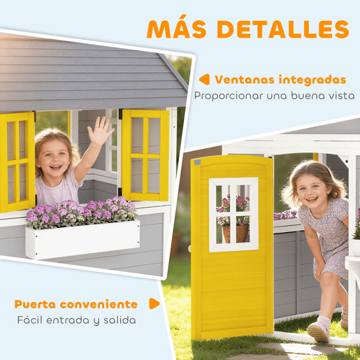 Outsunny Casa de Madeira Infantil Exterior e Interior Casa de Brincar de Madeira com Porta Janelas Floreiras e Prateleiras Casa de Jardim para Crianças de 3 a 8 Anos 112x126x135 cm Cinzento