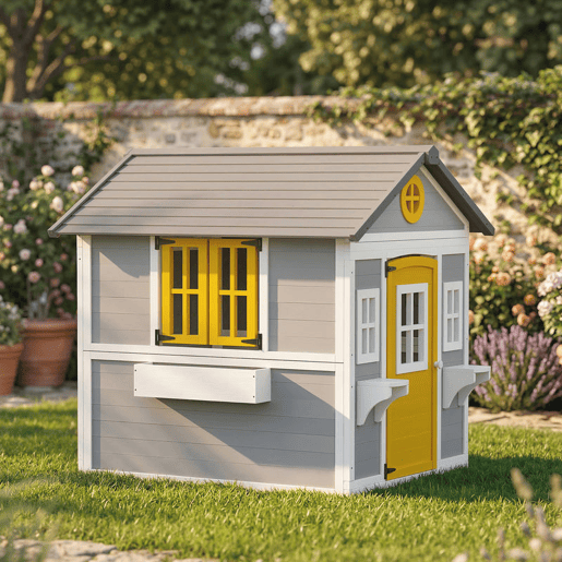 Outsunny Casa de Madeira Infantil Exterior e Interior Casa de Brincar de Madeira com Porta Janelas Floreiras e Prateleiras Casa de Jardim para Crianças de 3 a 8 Anos 112x126x135 cm Cinzento