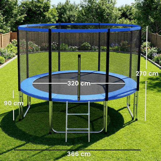 SPORTNOW Trampolim para Crianças Exterior Ø366 cm Trampolim para Crianças +6 Anos com Rede de Segurança Escada Acolchoamento de Molas e Estrutura em Aço Galvanizado Carga 150 kg Azul