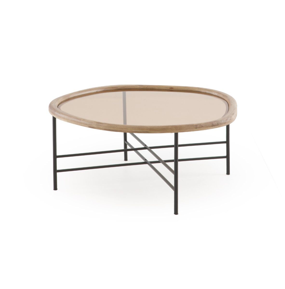 Mesa centro metal y cristal con marco de madera de hevea 77x77