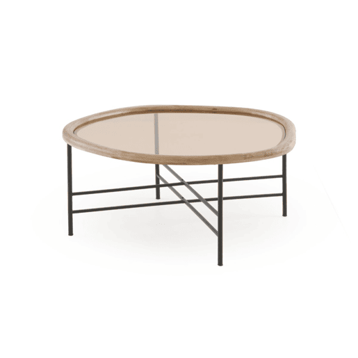Mesa de centro em metal e vidro com moldura em madeira de seringueira