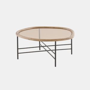 Mesa de centro em metal e vidro com moldura em madeira de seringueira