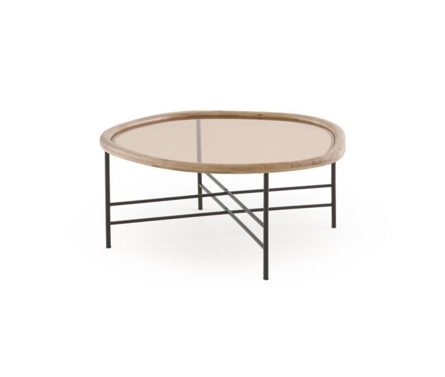 Mesa centro metal y cristal con marco de madera de hevea