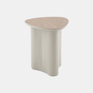 Mesa de centro em metal branco folheada em madeira de hevea