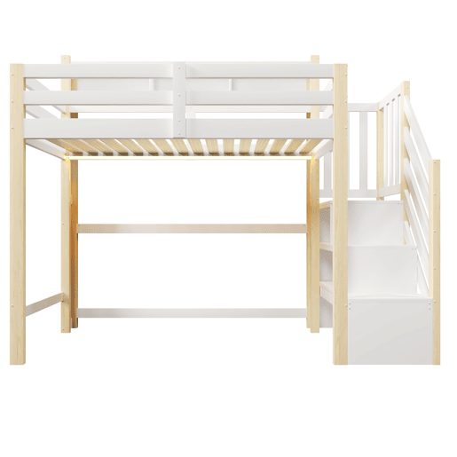 Beliche 90x200 cm - com luzes LED, grande espaço de arrumação, escada com prateleiras, sem colchão - Branco e natural
