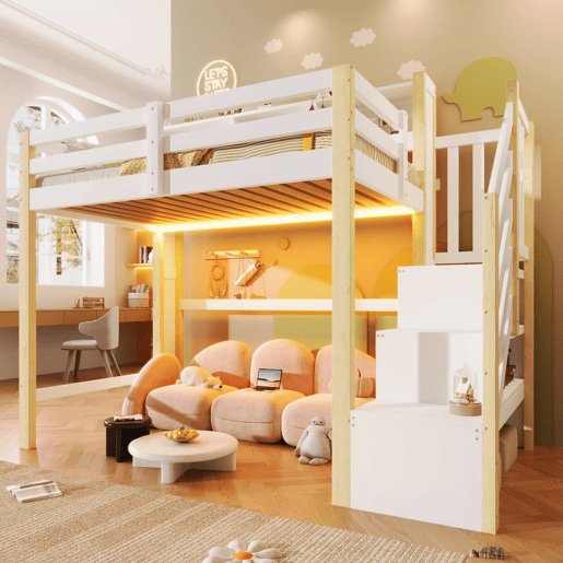 Beliche 90x200 cm - com luzes LED, grande espaço de arrumação, escada com prateleiras, sem colchão - Branco e natural