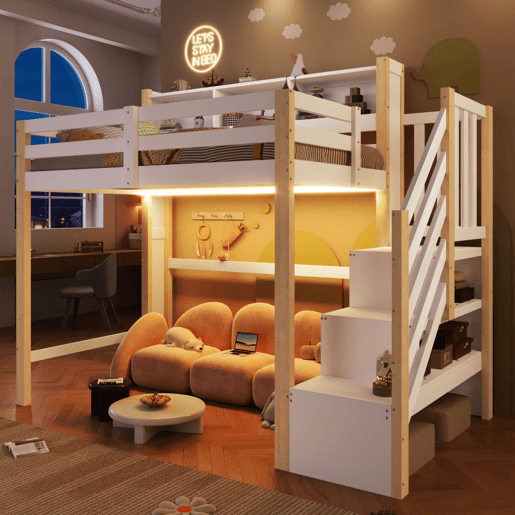 Beliche 90x200 cm - com luzes LED, grande espaço de arrumação, escada com prateleiras, sem colchão - Branco e natural