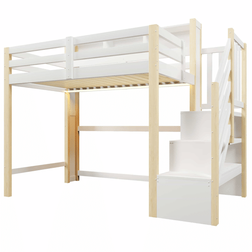 Beliche 90x200 cm - com luzes LED, grande espaço de arrumação, escada com prateleiras, sem colchão - Branco e natural