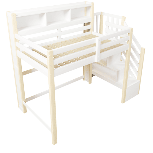 Beliche 90x200 cm - com luzes LED, grande espaço de arrumação, escada com prateleiras, sem colchão - Branco e natural