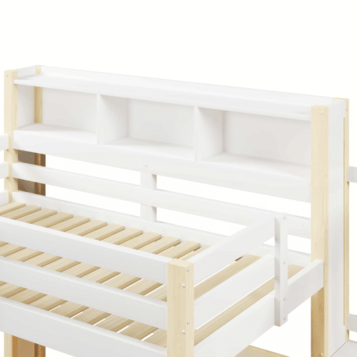 Beliche 90x200 cm - com luzes LED, grande espaço de arrumação, escada com prateleiras, sem colchão - Branco e natural