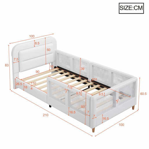 Cama de plataforma estofada 90x200 - com grade de segurança - branca