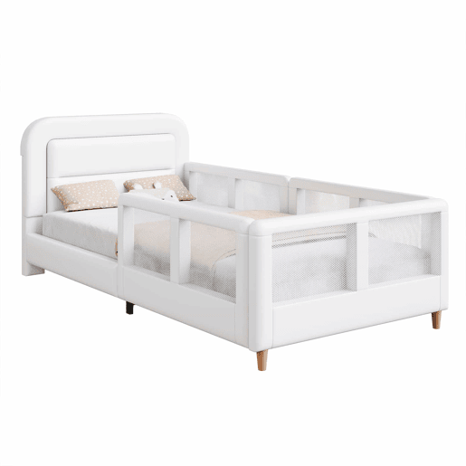 Cama de plataforma estofada 90x200 - com grade de segurança - branca