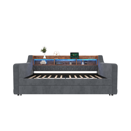 Sofá-cama 90x190 cm - Com arrumação, LED, USB-C, 12 lâminas, estrutura metálica e de madeira - Cinza