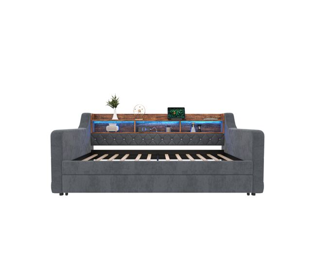 Sofá cama 90x190 cm - con almacenamiento, led, usb-c, 12 láminas, estructura metálica y de madera - gris