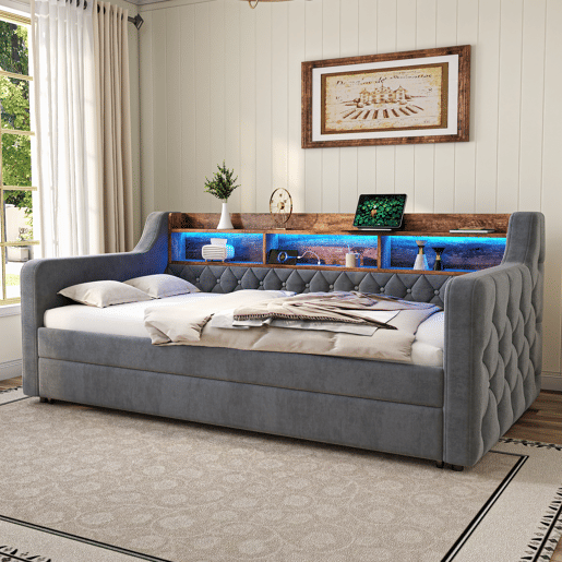 Sofá-cama 90x190 cm - Com arrumação, LED, USB-C, 12 lâminas, estrutura metálica e de madeira - Cinza
