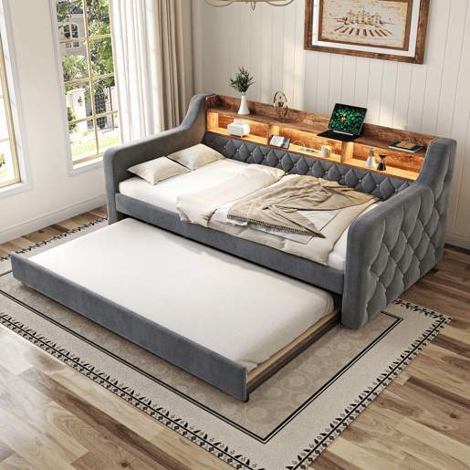 Sofá-cama 90x190 cm - Com arrumação, LED, USB-C, 12 lâminas, estrutura metálica e de madeira - Cinza