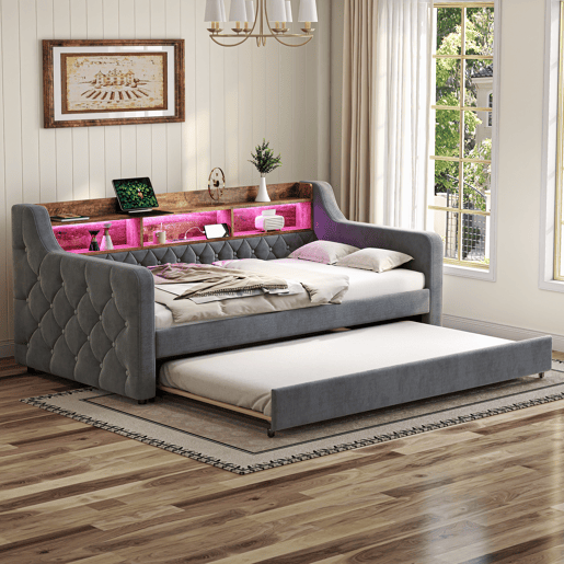 Sofá-cama 90x190 cm - Com arrumação, LED, USB-C, 12 lâminas, estrutura metálica e de madeira - Cinza