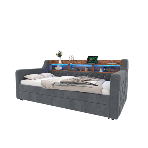 Sofá-cama 90x190 cm - Com arrumação, LED, USB-C, 12 lâminas, estrutura metálica e de madeira - Cinza