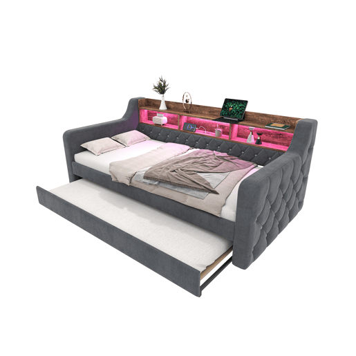 Sofá-cama 90x190 cm - Com arrumação, LED, USB-C, 12 lâminas, estrutura metálica e de madeira - Cinza