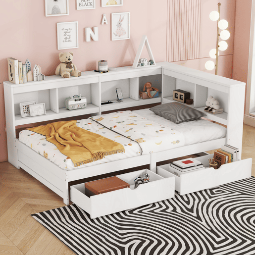 Cama de dia 90x200cm - Sofá-cama, com duas gavetas, tomada e 2 portas USB, com estrado (sem colchão) - Branco