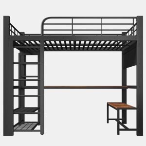 Cama alta 140×200 cm - com barra de LED, prateleiras, secretária em madeira, varão para secar roupa - preto