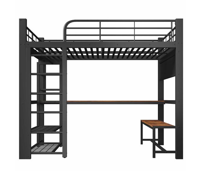 Cama alta 140×200 cm - con barra de led, estantes, escritorio de madera, barra para secado de ropa - negro