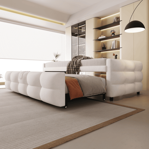 Sofá-cama 90180x190 cm - Puffbett, com estrado de ripas, multifuncional, bege