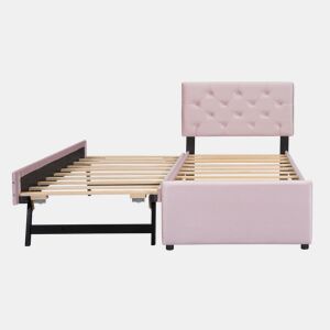 Cama individual 90x200cm em veludo - com cama de rodízio - com estrado de ripas - Rosa (colchão não incluído)