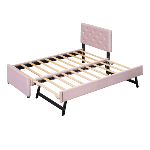 Cama individual 90x200cm em veludo - com cama de rodízio - com estrado de ripas - Rosa (colchão não incluído)