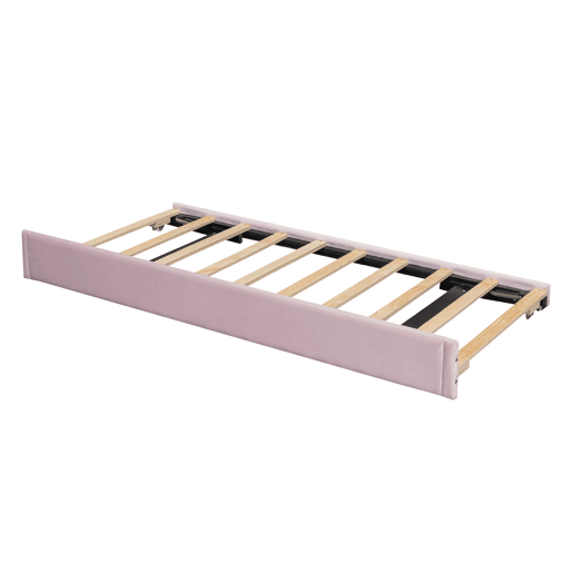 Cama individual 90x200cm em veludo - com cama de rodízio - com estrado de ripas - Rosa (colchão não incluído)