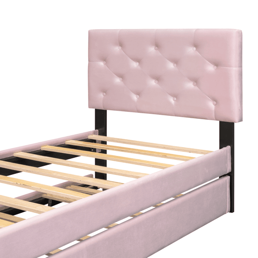 Cama individual 90x200cm em veludo - com cama de rodízio - com estrado de ripas - Rosa (colchão não incluído)