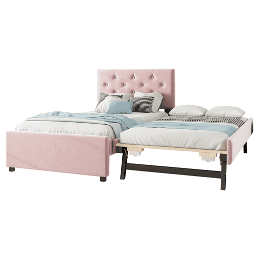 Cama individual 90x200cm em veludo - com cama de rodízio - com estrado de ripas - Rosa (colchão não incluído)