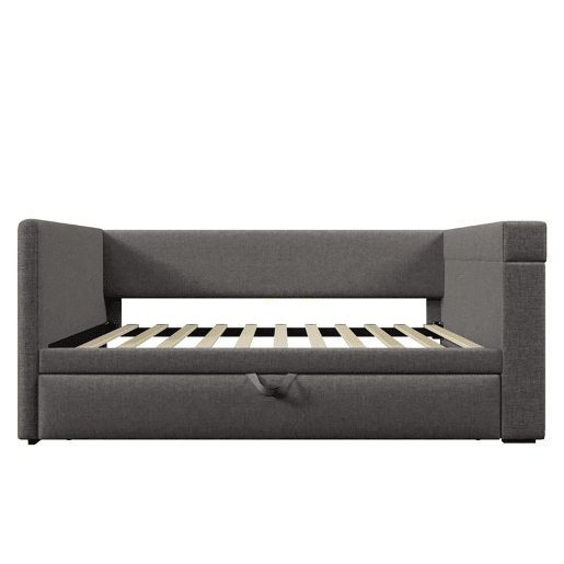Sofá-cama 90x190 cm - Sofá individual com cama extraível, braços com portas USB e Type-C, porta-copos, tecido misto de linho - Cinza
